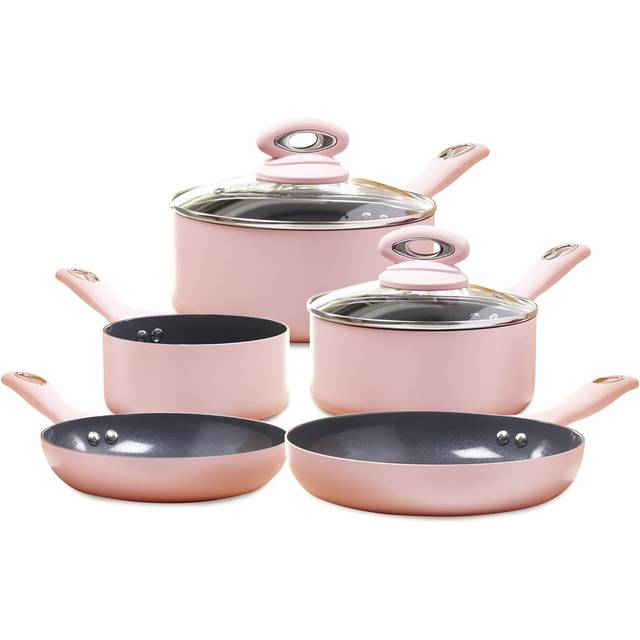 Cermalon Matt Blush Pink 5 Piece Cookware Set and 2 Glass Lids, Pink