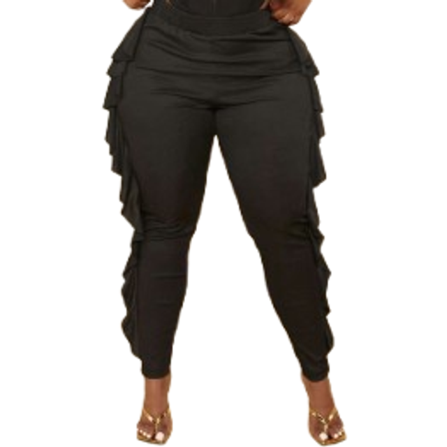 Slaydiva Elegant & Party Plain Slim Fit Side Split Ruffle Trim Patchwork Pitted Texture Women Plus Size Long Pants