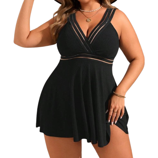 Swim Lushoire Plus Size Summer Beach Solid Color Mesh Contrast Tankini With Bikini Bottom Set