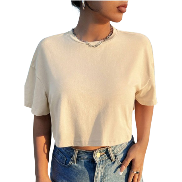 SHEIN Casual Simple Round Neck Short Dropped Shoulder Short Sleeve Oversized T-Shirt For Women, Suitable For Summer, Cotton Blended