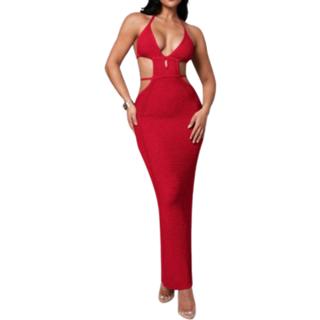 Silquee Cover Ups Black Crochet Sexy Deep V-Neck Hollow Slit Spring And Summer Holiday Clothes Mid-Length Women&#39;s Dress