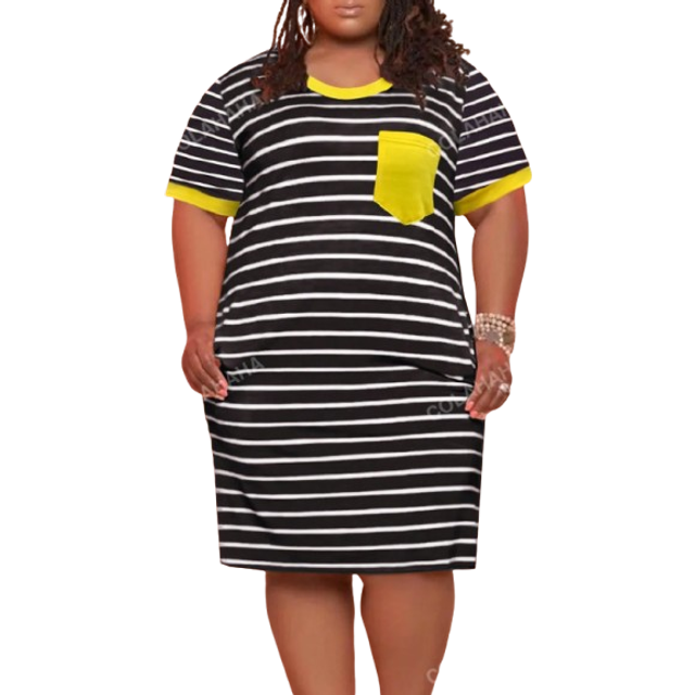 SHEIN Plus Size Women Contrast Stripe Print T-Shirt Dress, Summer