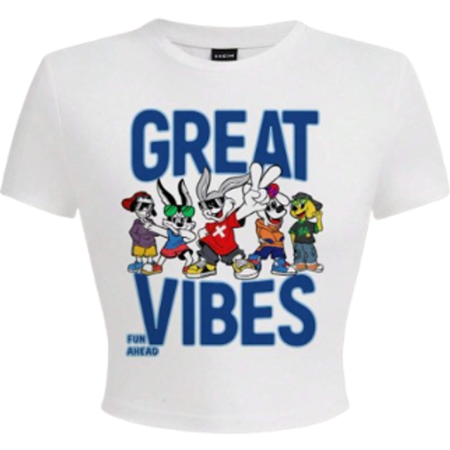 Slaydiva Casual Minimalist Cartoon Animal & Letter &#34;Great Vibes&#34; Graphic Crew Neck Short Sleeve Cropped Fitted Tee Shirt, Women Suitable For Summer