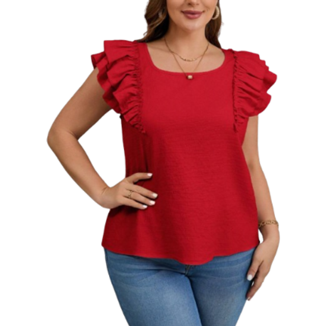 SHEIN Plus Size Summer Casual Double Layer Cap Sleeve Shirt With Back Bow Decoration