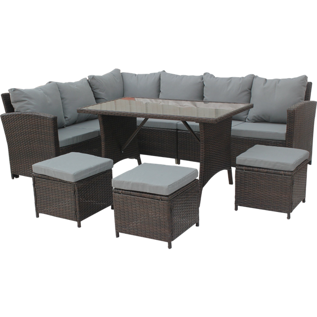 Birchtree - Rattan Furniture Set Sofa Chair Foot Stool Table Glass Coffee Table 9 Seater Cushion Outdoor Patio Brown