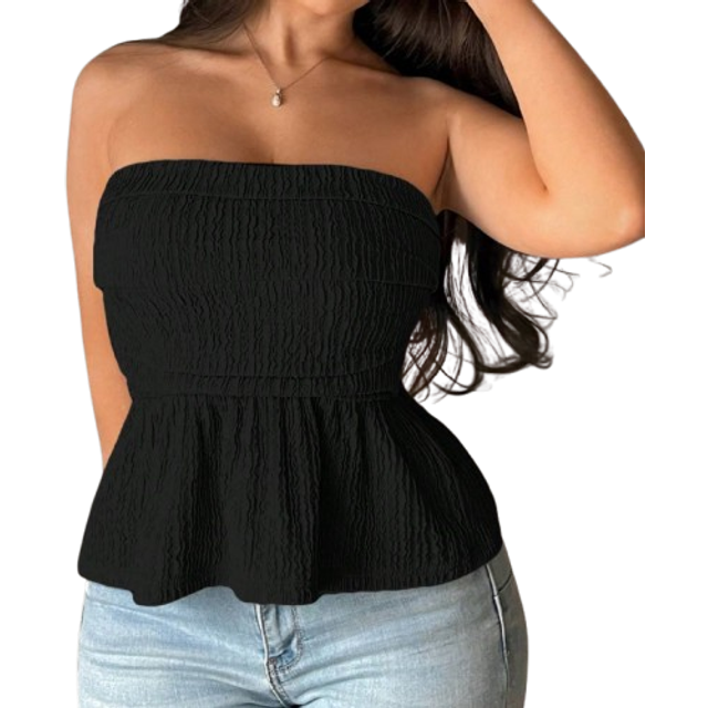 SHEIN Women&#39;s Pleated Strapless Top With Umbrella Hem, Textured Fabric, And Ruffle Trim, Elegant