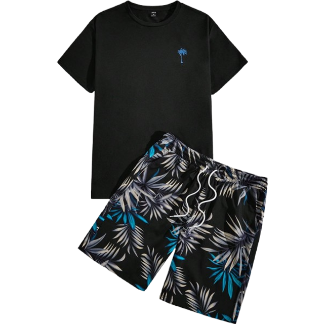 Herr Stickad Kokosnötsträd Mönster Tryck Kort Ärm Runda Hals T-shirts Och Dragsko i Midjan Shorts Set För Enkel Bär - Svart (L,M,S,XL,XS,XXL,XXS)