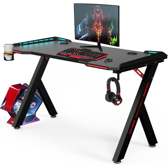 bigzzia Gaming Desk RGB Lighting Home Office Desk Ergonomic Gamer Workstation, Carbon Fibre Surface, Cup Holder and Headphone Hook, 120 * 60 * 72cm