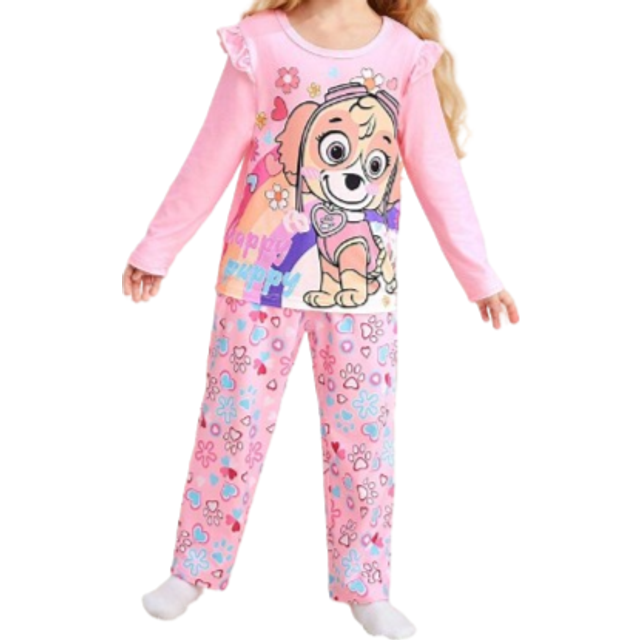 SHEIN 2pcs Young Girls Flower & Dog Print Casual Loose Long Sleeve Top And Pants Pajama Set