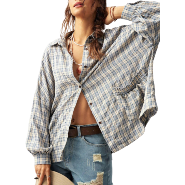 Bohemela Women&#39;s Vacation Plaid Pattern Casual Shirt,Long Sleeve Tops