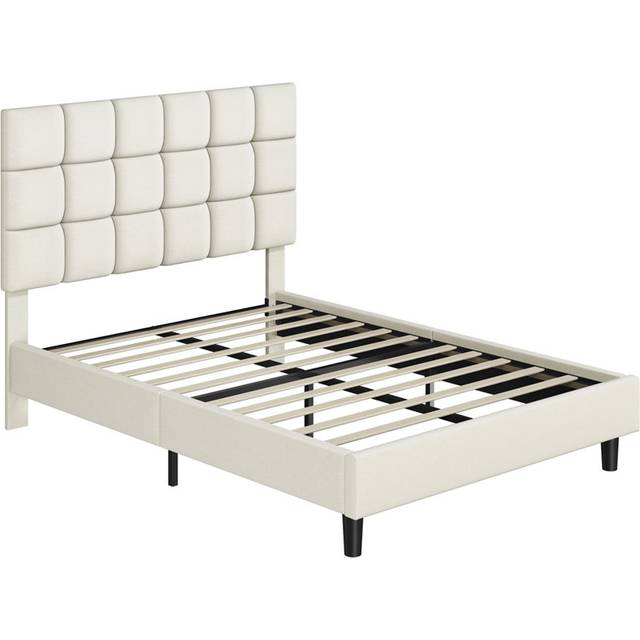 Size Modern Upholstered Bed Frame with Adjustable Square Tufted Headboard - Beige (Double (4&#39;6))