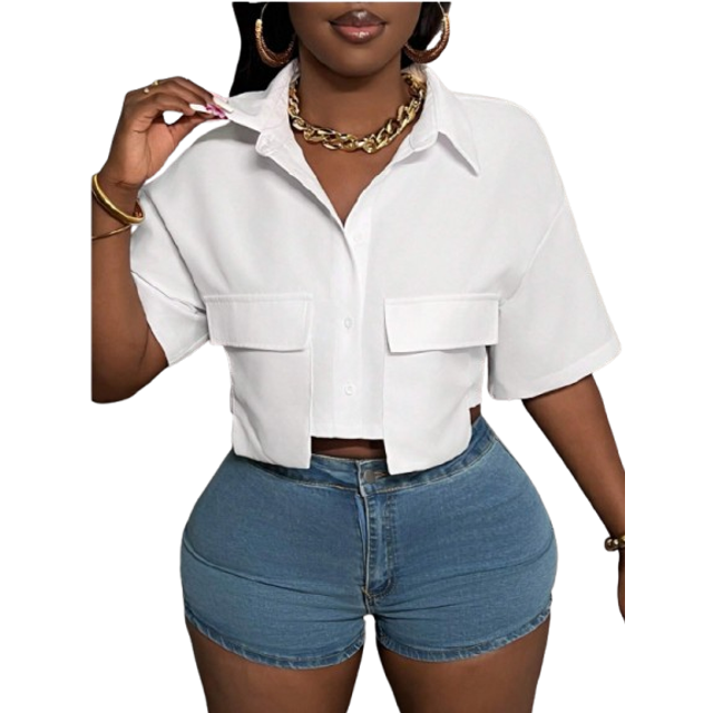 Slaydiva Women Casual Streetwear White Polo Collar Pocket Cropped Top