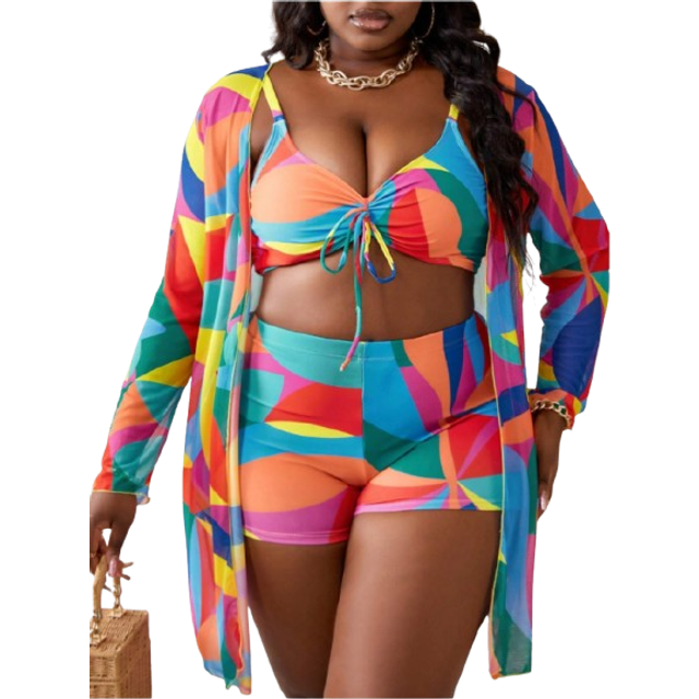 SHEIN 3pcs/Set Plus Size Contrast Color Front Tied Bralette Bikini Bottom And Long Sleeve Cover Up Swimwear Set, Perfect For Summer Beach