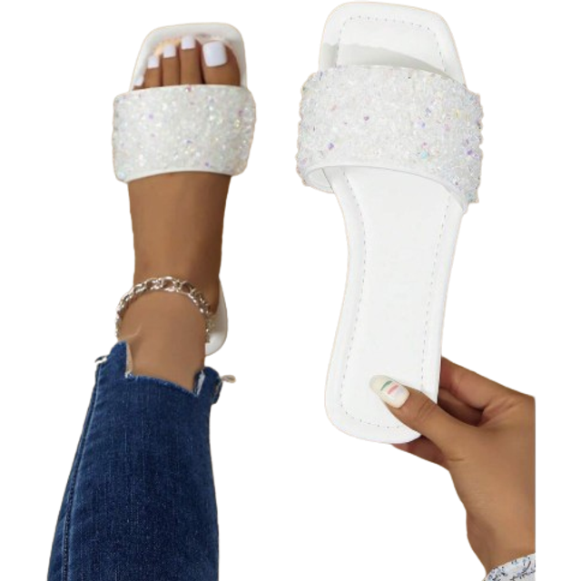 SHEIN 2025 Summer New Arrival Sequin Pointed Toe Slip-On Mules Flat Sandals, Comfortable Casual Versatile Women Slides Valentines