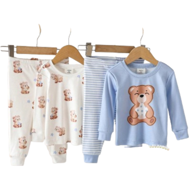 SHEIN 4pcs Cute Bear & Striped Print Snug Fit Long Sleeve Shirt & Pants Soft & Comfy Baby Boy Pajama Set