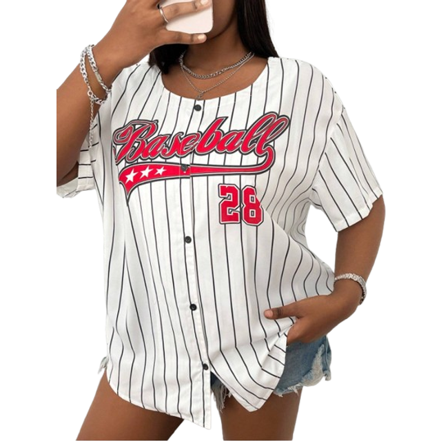 SHEIN Plus Size Super Loose Short Sleeve Baseball Shirt, Summer