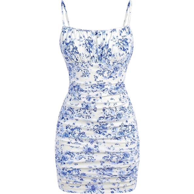 SHEIN Tween Girl Blue & White Floral Print Double-Layered Mesh Knit Elastic Cami Mini Dress With Pleats,Summer Dress HolidayÂOutfits
