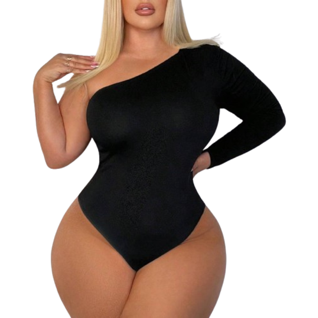Women Plus Curve Solid One Shoulder Slim Fit Black Bodysuit, för vintern - Svart (0XL,1XL,2XL,3XL,4XL)