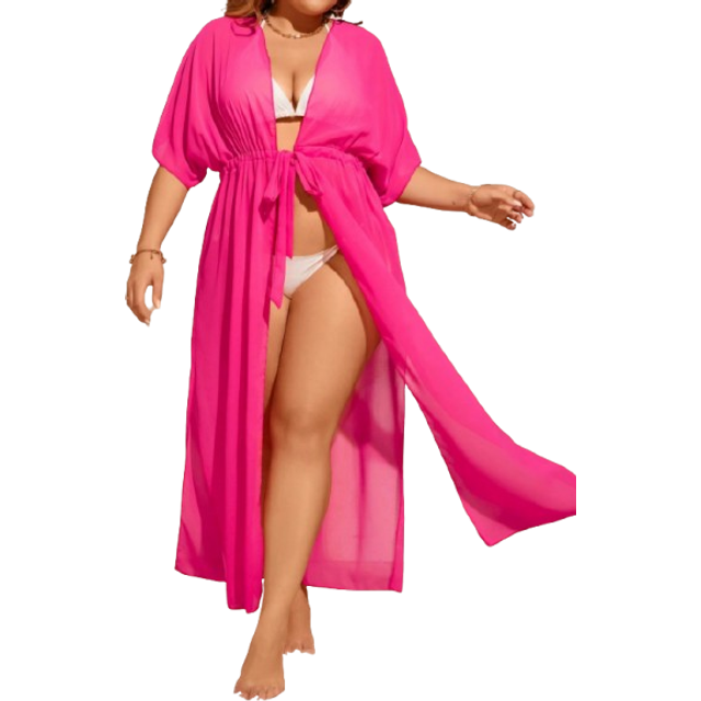 SHEIN Plus Size Women Summer Beach Holiday Batwing Short Sleeve Waist Tie Long Mesh Kimono