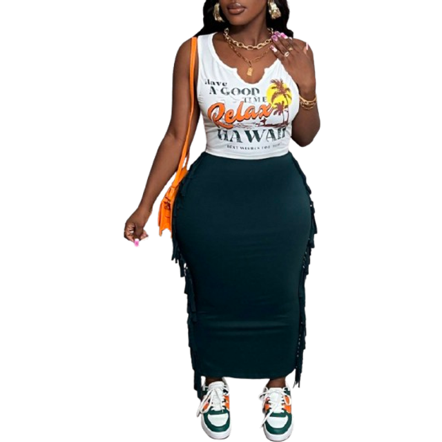 Slaydiva Summer Leisure Vacation U-Neck Hollowed Out Coconut Tree English Slogan Printed In The Front Truncated White Vest Tassel Dark Green Skirt Women&#39;s Two-