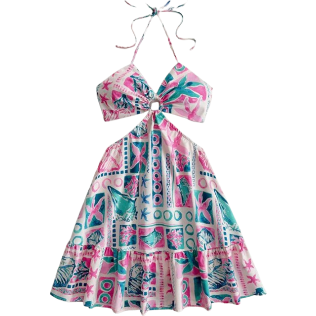 Soleia Women&#39;s Vacation Style Mint Green Ocean Element Printed Waist Cutout Front Circle Ring Decor Halter Bow Tie Beach Western Festival Summer Bohemian A-L