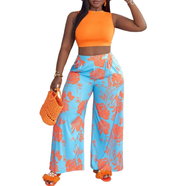 Slaydiva Plus Size Elegant & Holiday Casual Tight Tops And Loose Bottoms, Sleeveless Floral Print Vest And Long Pants Summer 2-Piece Set For Women,Holiday Outf
