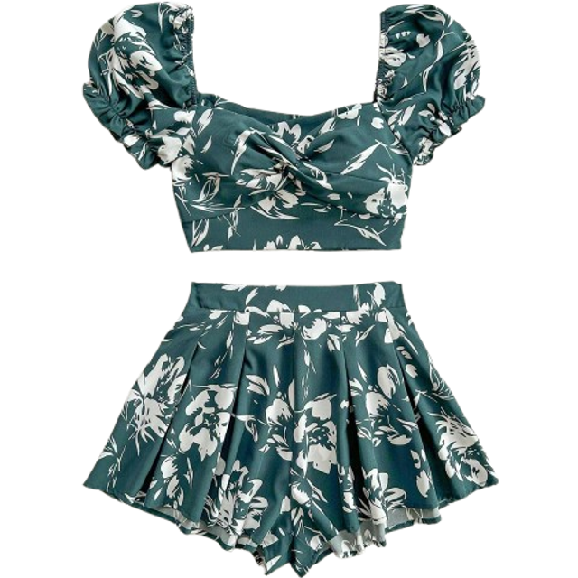 Soleia Summer Vacation Women&#39;s Leisure Green&White Flower Print Swiss Dot Twist Front Puff Sleeve Tie Back Crop Top & Shorts