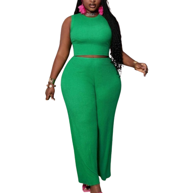 Slaydiva Elegant Basic - Stretchy Knit Texture Bodycon Green Vest And Trousers Set For Plus Size Women