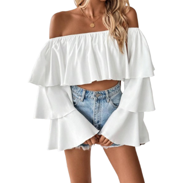 Rafferiza Off Shoulder Off Ruffled Women&#39;s Long Sleeve Shirt With Square Neckline, Long Sleeve Tops