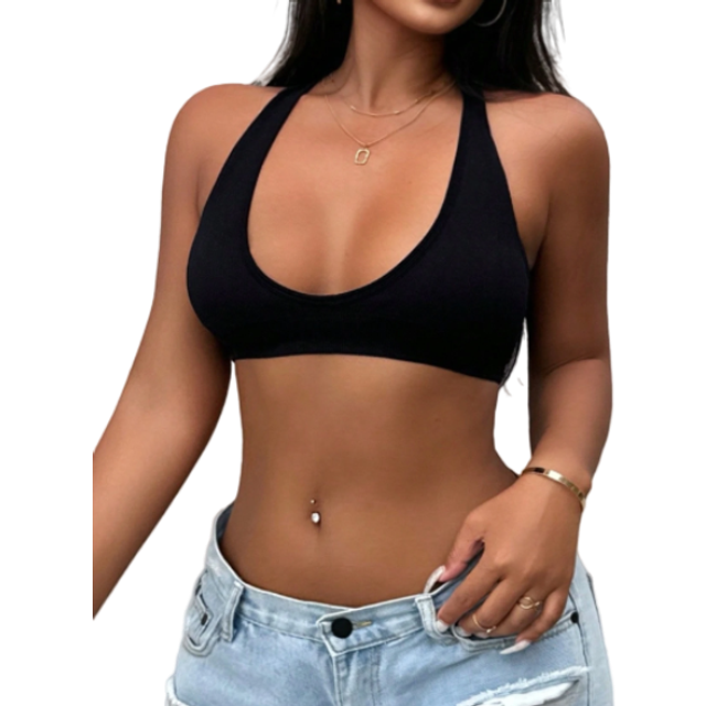 Enkel enfärgad ärmlös Tight Crop Top för kvinnor - Svart (L,M,S,XL,XS)