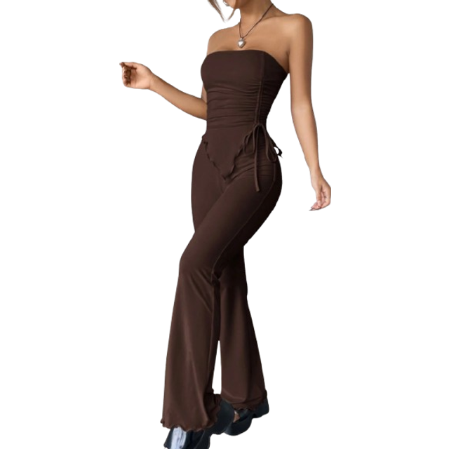 SHEIN 2pcs Summer Casual Solid Color Ruched Asymmetric Hem Tube Top And Flared Pants Set