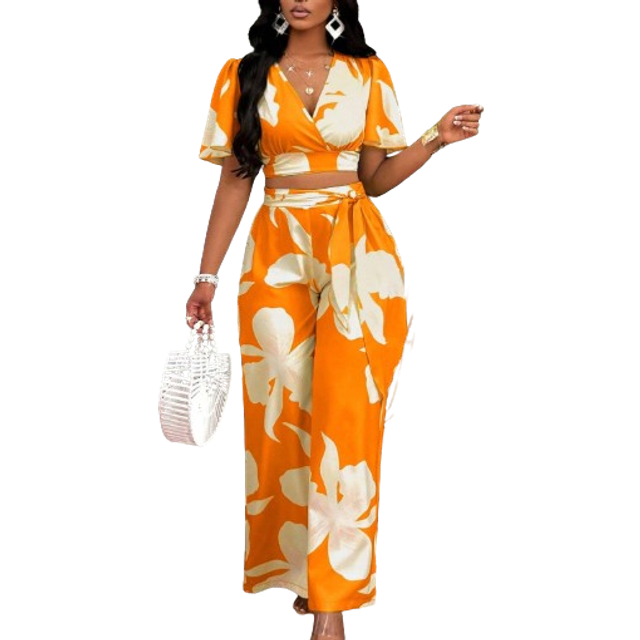 VaVaBold Tropical Print Ruched Butterfly Sleeve Crop Blouse & Tie Front Wide Leg Pants (Random Floral Print)