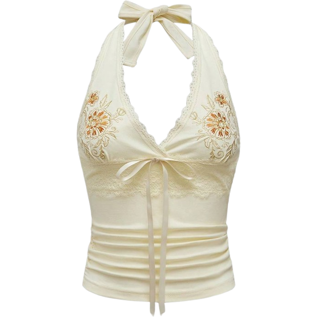 ROMWE Women Embroidered Decor Simple Daily Halter Neck Tie Camisole
