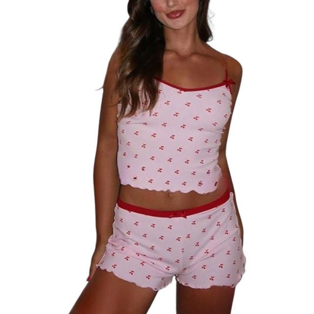 SHEIN 2pcs Women Summer Sexy Fruit Print Contrast Trim Camisole And Shorts Set