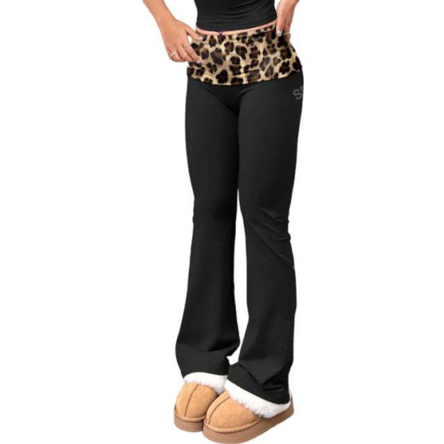 SHEIN Leopard Print Patchwork Leggings Women&#39;s Casual Solid Color Wide-Waist Flare Pants, Fold-Over Waist High Waist Ruched Slim Fit