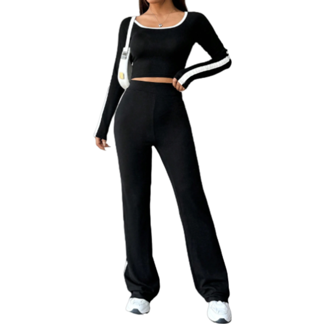Flirla Women&#39;s Color-Blocked Long Sleeve Crop Tee And Pants Set