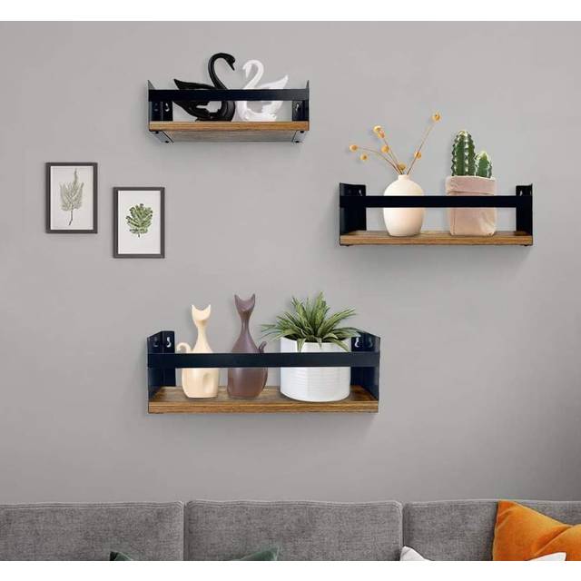 3 - Pack Black Industrial Floating Wall Shelves with Iron Rails Brackets: Versatile Storage for Home Spaces (12.7cm H x 40.6cm W x 12.7cm D)