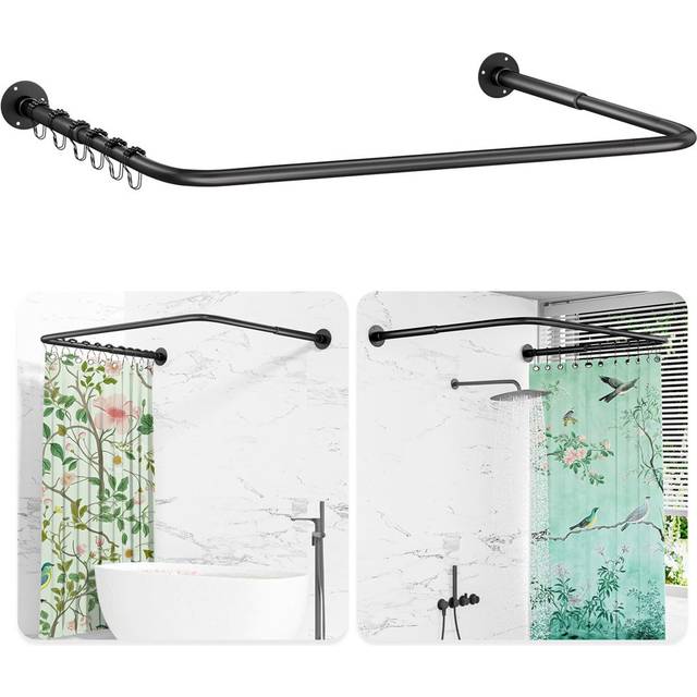 U Shaped Shower Curtain Rail, )(60-92)X(78-198)X(60-92)Cm Adjustable Shower Curtain Pole, Wall Mounted Curved Shower Rail With 12 Rings & Ceiling Supp - Stainless Steel (2.5cm H X 198cm W X 60cm D)