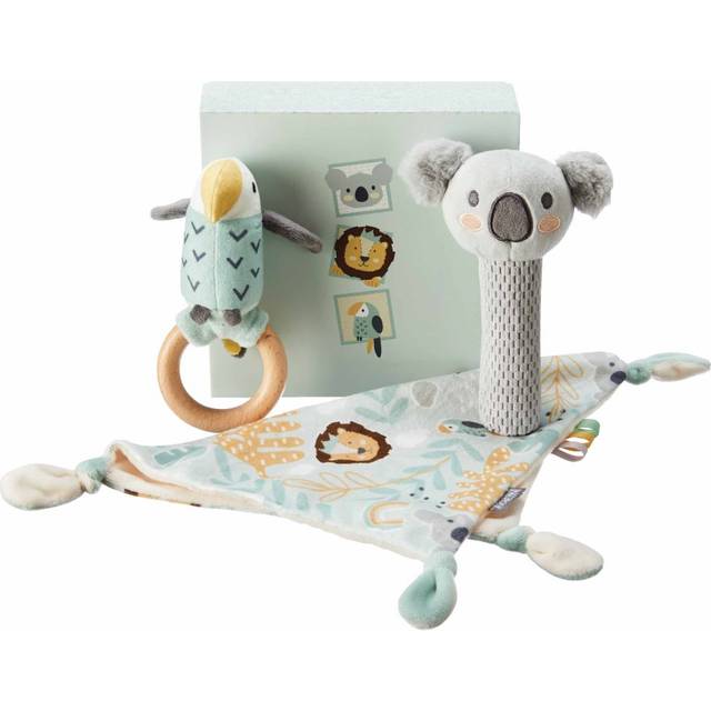 Nuby Animal Adventures Baby presentset – 3-delat minnessaksset | täcke, gnisslare & skallra | presentförpackning ingår | lämplig från födseln flerfärgad