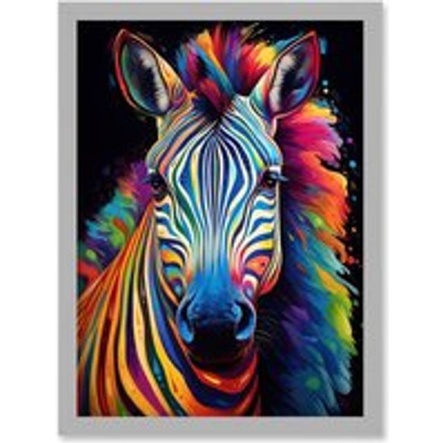 Wall Art Print Rainbow Striped Zebra Colourful Vibrant Bold Psychedelic Neon Impact Artwork Framed A4 - Grey - A4