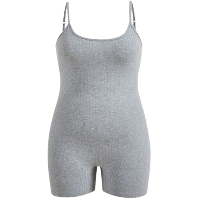 Slaydiva Plus Size Women&#39;s Slim Fit Solid Light Gray Cami Jumpsuit, Texture Fabric With Thin Grooves, Low-Cut Neckline, Sleeveless, For Daily Wear, Leisure And