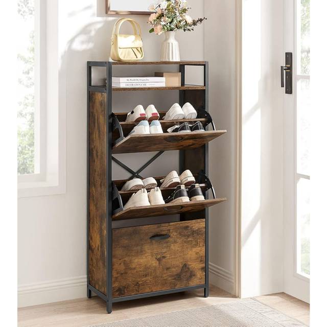 Shoe Cabinet, High Shoe Storage Cabinet With 3 Folding Doors, Open Shelf, For 12-18 Pairs Of Shoes - Black;Brown (12)