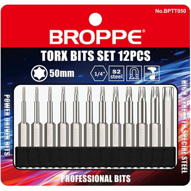 12pcs S2 Alloy Steel T5-T40 50mm Magnetic Torx Screwdriver Bits 1/4 Inch Hex Shank