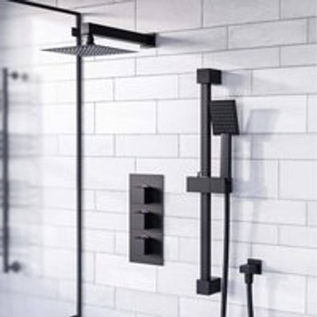 Temel Concealed Thermostatic Mixer Valve, Slider Rail & Shower Head Set Matte Black