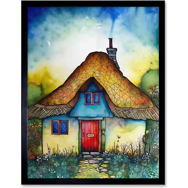 Wall Art Print The Thatched Cottage Folk Art Framed - Black - W12 inch x H16 inch