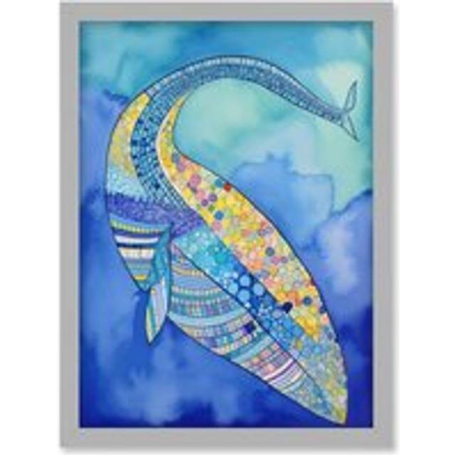 Blue Whale With Multicolour Patterns Folk Art Watercolour Painting Artwork Framed Wall Art Print A4 - Grey - One Size