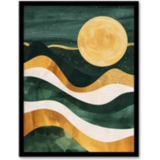 Full Moon Over Mountains Green Gold Boho Abstract Framed Art Print - A4