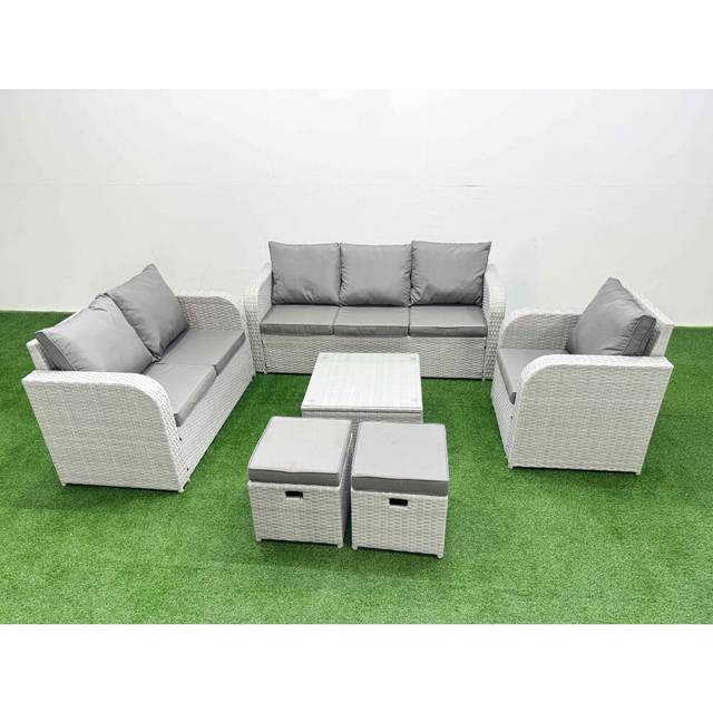 Fimous Patio PE Wicker 8 Seater Outdoor Rattan Furniture Sofa Sets with Reclining Chair Loveseat Sofa Stool Light Grey