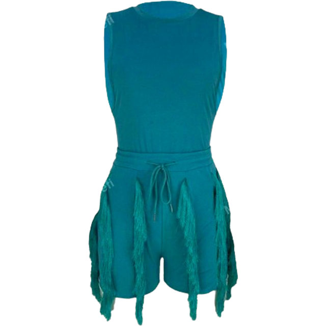SHEIN Summer Fashionable Tight-Fitting Vest And Fringe Adorned Shorts, Suitable For Music Festivals