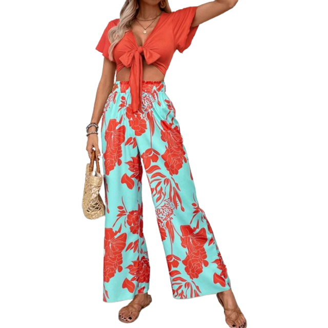 Breezaya Women&#39;s Solid Color Top & Printed Long Pants, Simple Daily 2pcs Set
